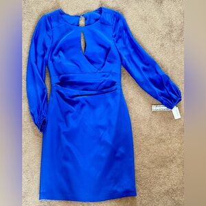 Kay Unger Cobalt 100% Silk Blue Elegant Long Sleeve Dress SZ 12